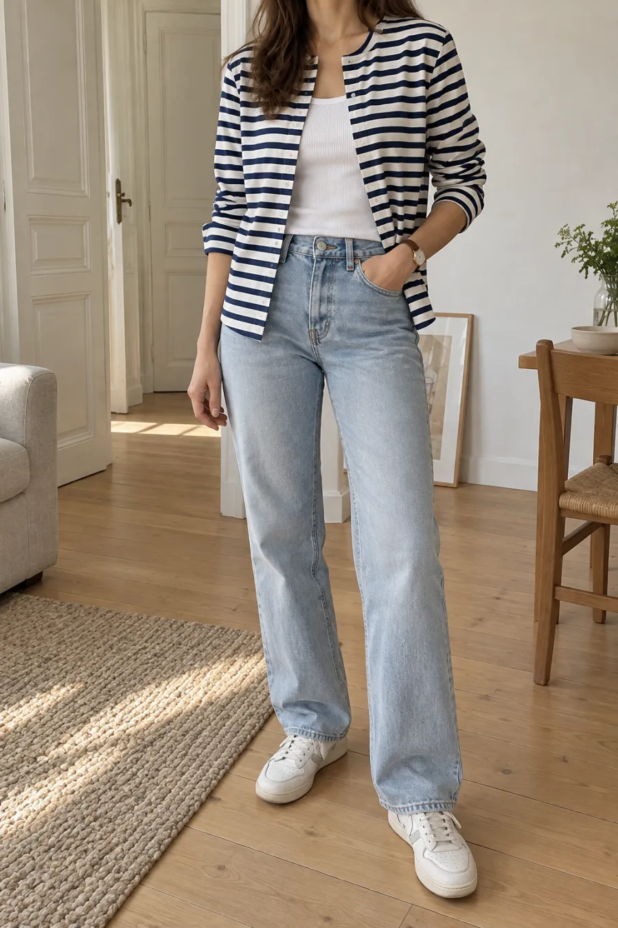 AI try-on image: striped top worn open over a white top, with light jeans