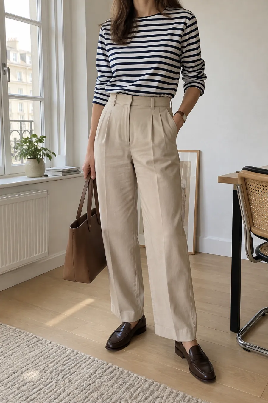 AI try-on image: striped top with beige pleated trousers and a bag