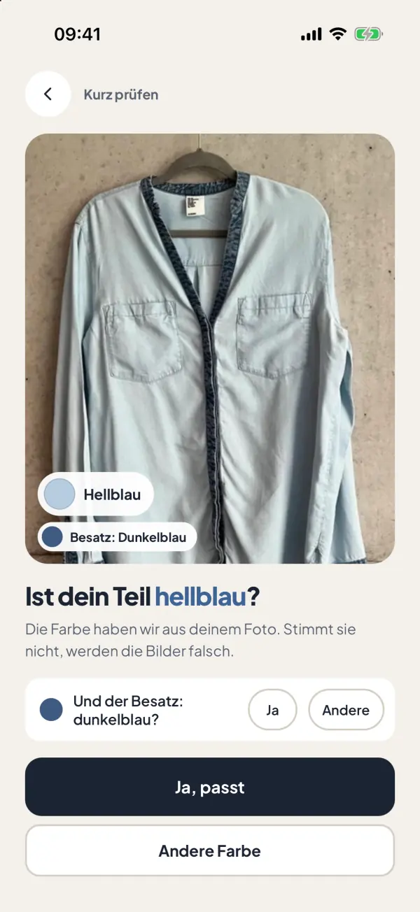 Screenshot aus der App: Stimmt die Farbe?