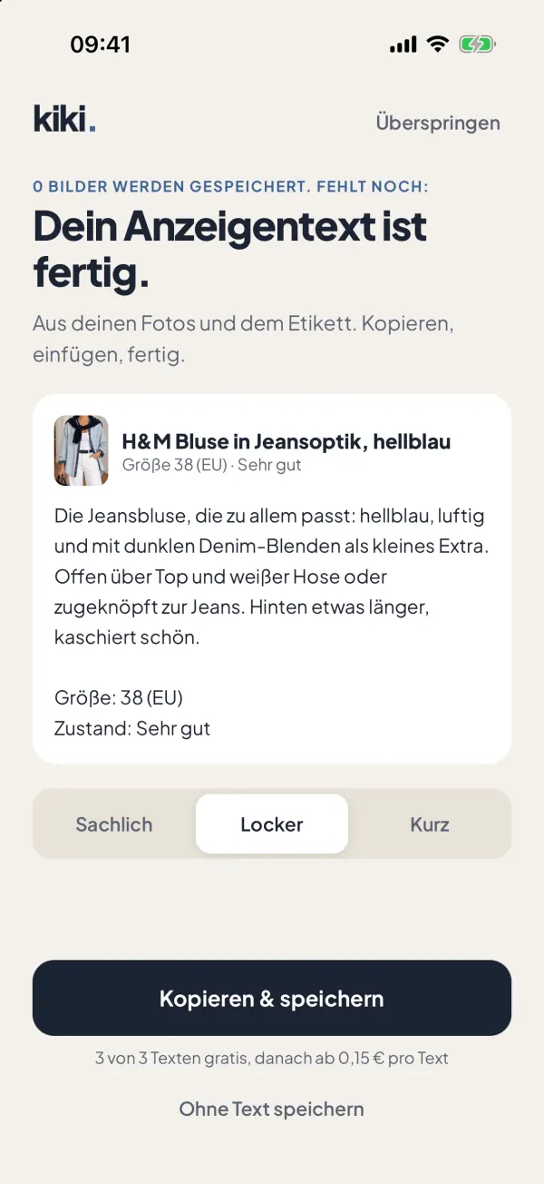 Screenshot aus der App: Der Text ist auch schon fertig