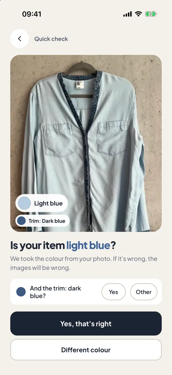 Screenshot from the app: Is the colour right?