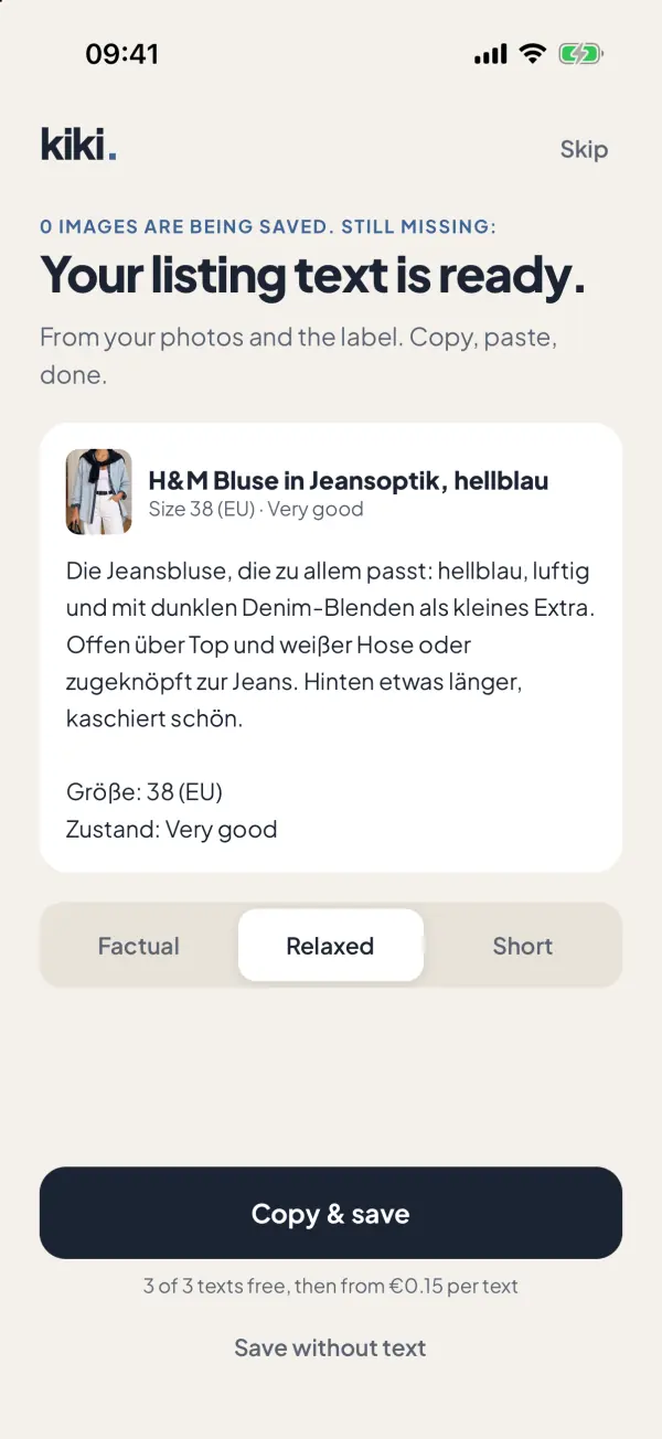 Screenshot from the app: Your listing is written too