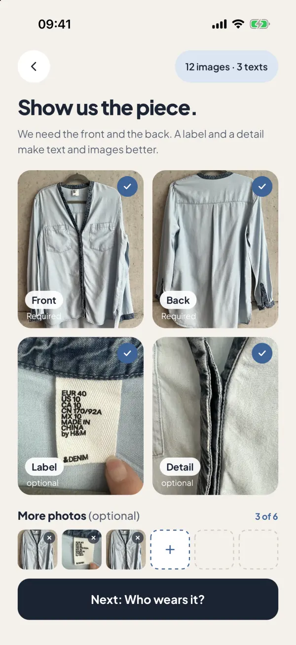 Screenshot from the app: Photograph your item