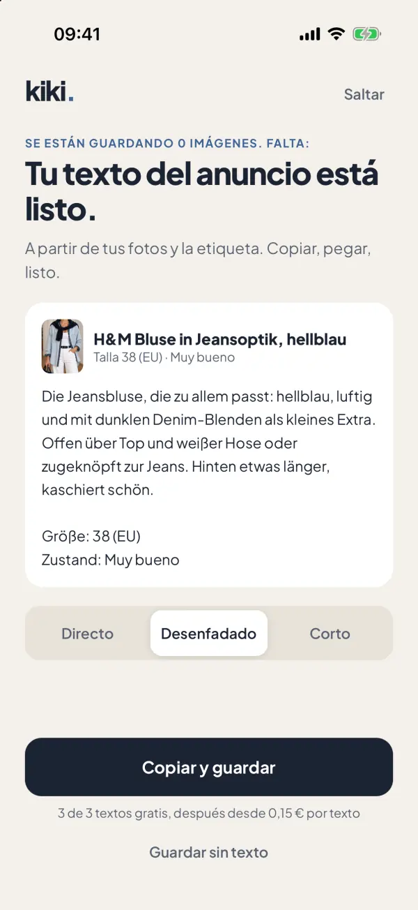 Captura de la app: Tu anuncio ya está escrito