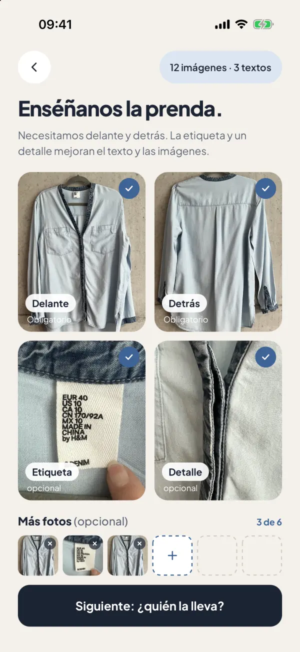 Captura de la app: Fotografía tu prenda