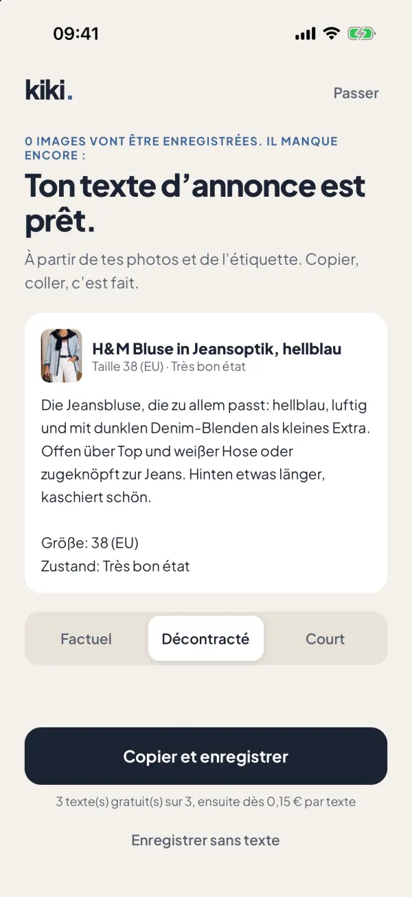 Capture d’écran de l’app : Ton annonce est déjà écrite