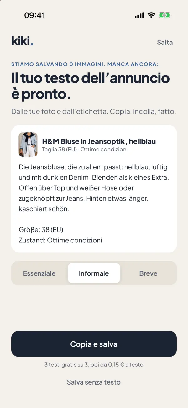 Schermata dell’app: Il testo è già scritto
