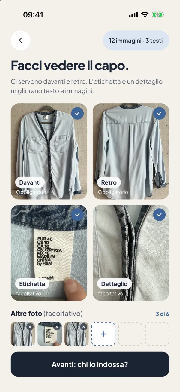 Schermata dell’app: Fotografa il tuo capo