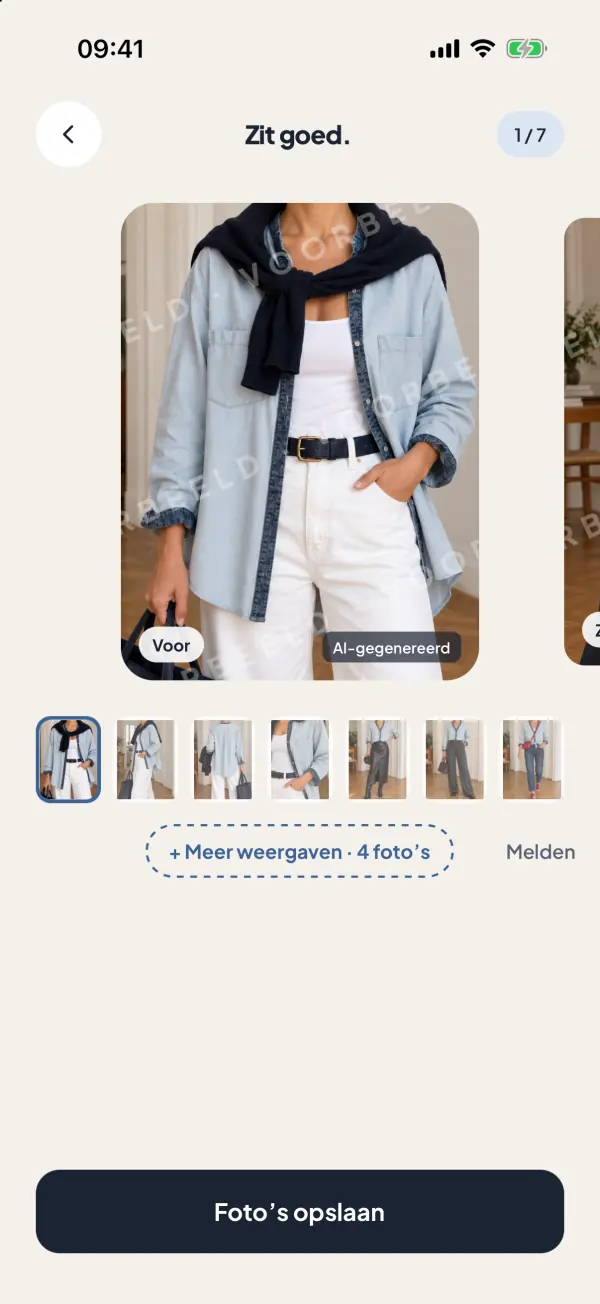 Screenshot uit de app: Vier aanzichten. Klaar
