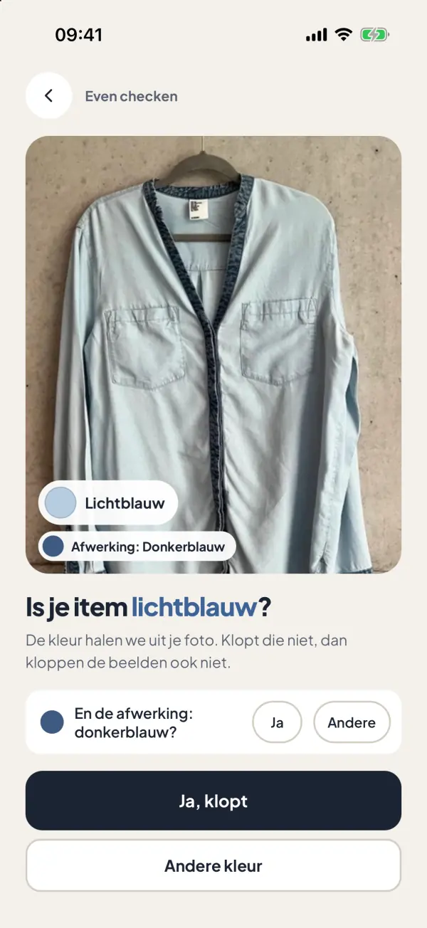 Screenshot uit de app: Klopt de kleur?