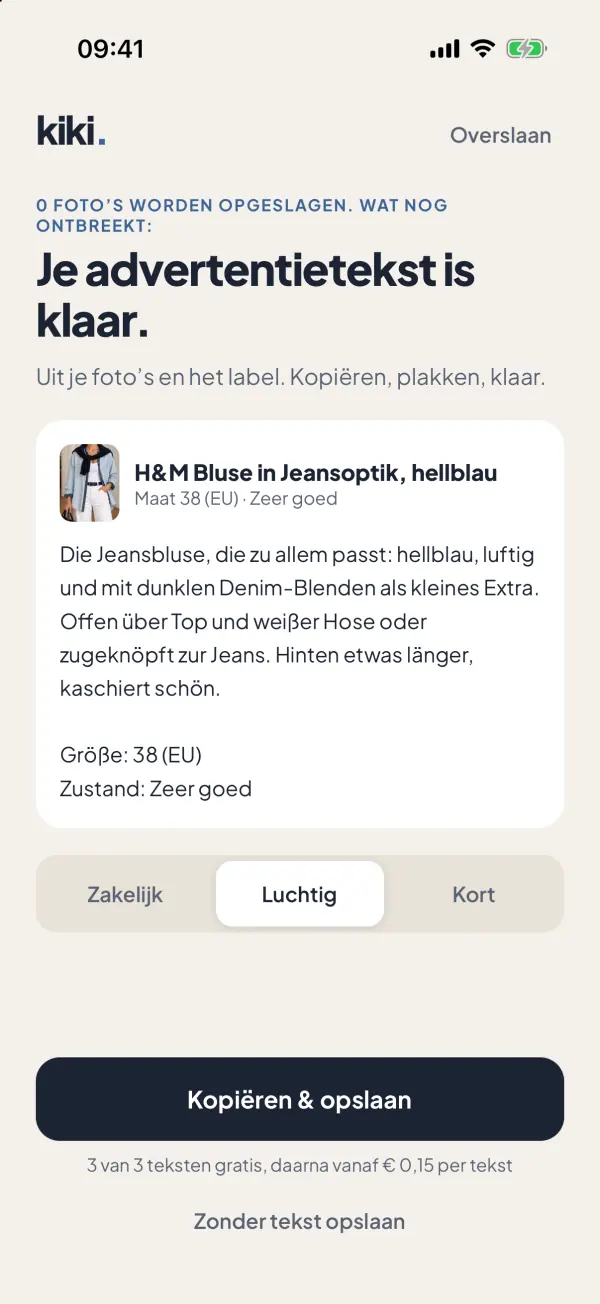 Screenshot uit de app: Je tekst staat al klaar
