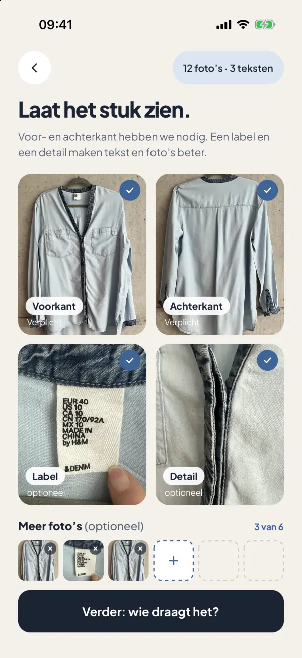 Screenshot uit de app: Fotografeer je item