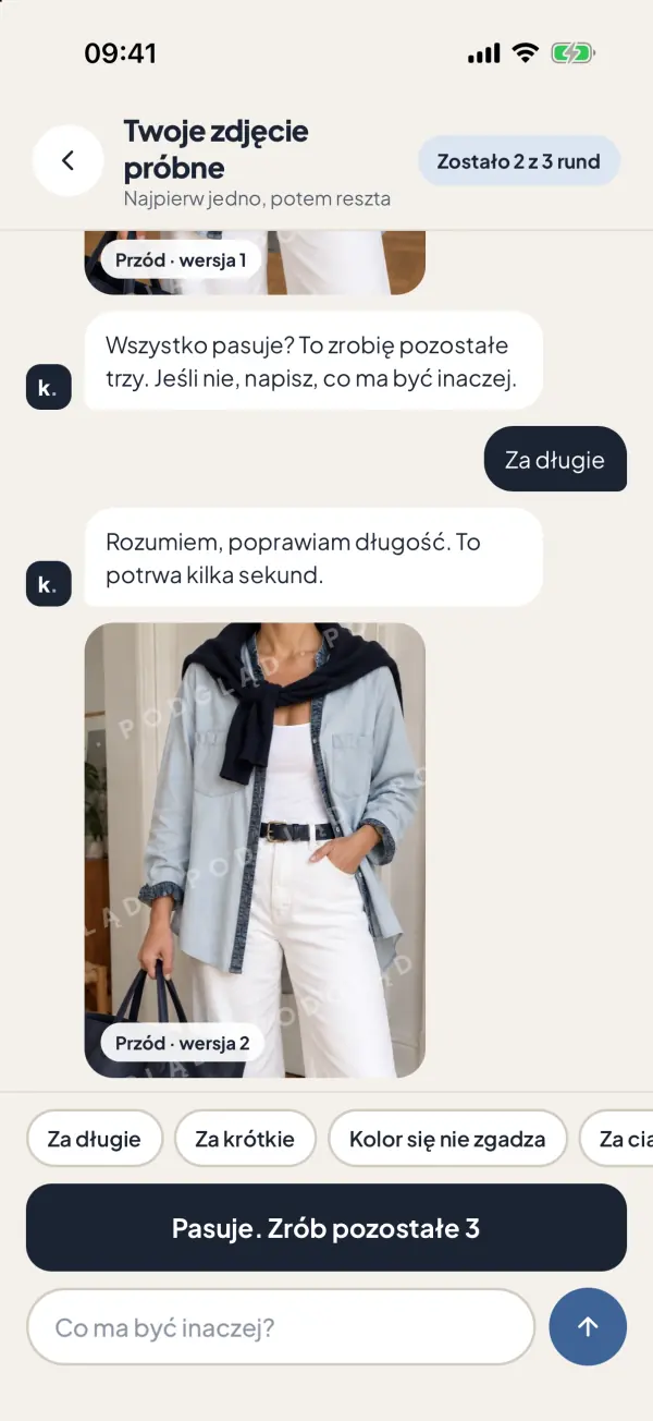 Zrzut ekranu z aplikacji: Najpierw zdjęcie próbne