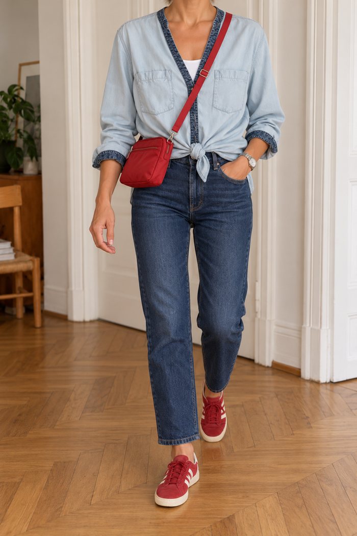 Knotted over jeans, with trainers and a crossbody bag.